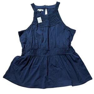 Maurices Navy Blue Crochet‎ Yoke Sleeveless Peplum Tank Top Keyhole Back Size L